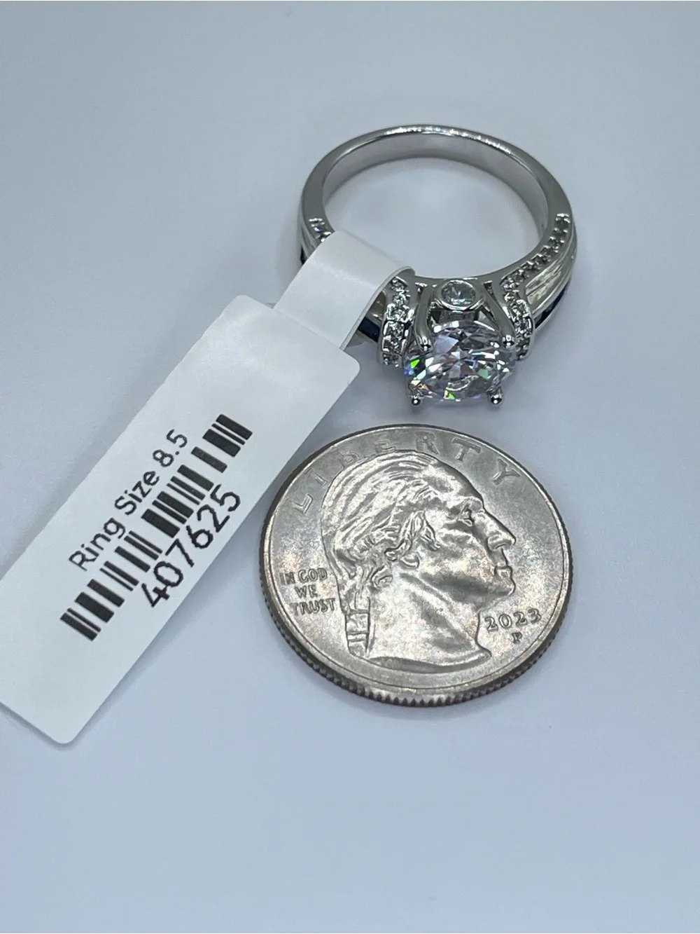 Swarovski Crystal Elements Blue White Crystal Solitaire Ring Sz 8.5 Glam Bridal